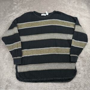 Vtg Liz Claiborne Textured Striped Tunic Sweater Black Brown Size L Boho Earth